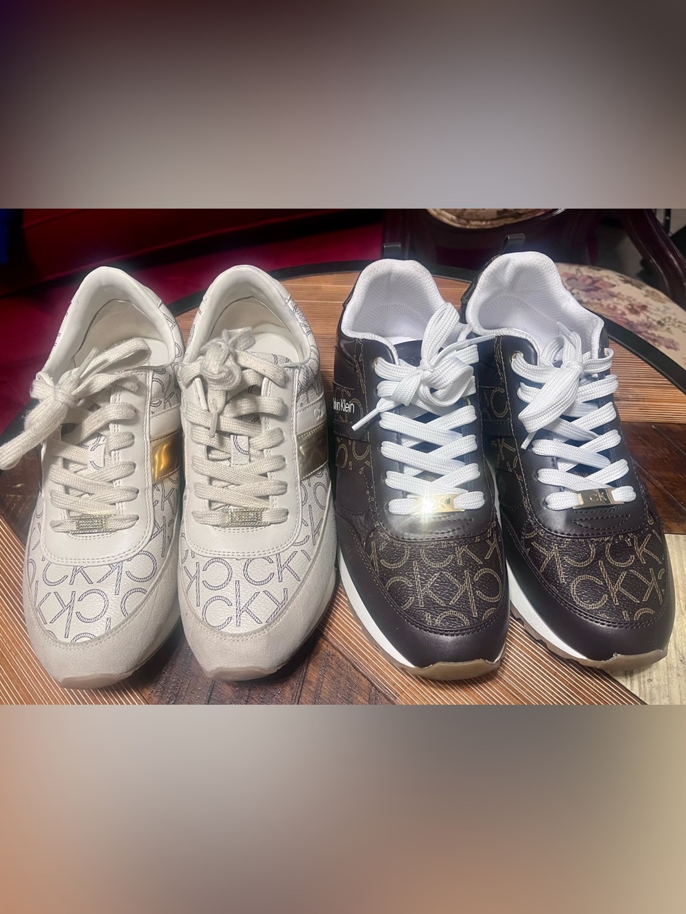 2-Pairs-Calvin Klein Woman Monogram Lace-Up Sneakers  Cream and Dark Brown